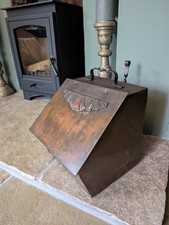 Antique Original Art Deco Copperized Coal/Kindling Bin & Shovel Circa 1910 