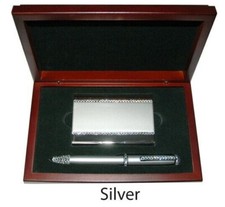 Silver Metal Card Holder & Pen with Swarovski Crystal in Luxury Wood Box