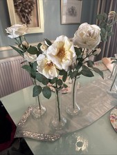 Peony RHS Artificial Single Stem Roses In Cream In Tall Vase Set Of 3
