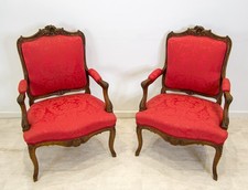 Pair Antique French Louis XV Walnut Armchairs c1900 – Red Damask