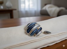  Abstract Blue & Silver-Tone Enamel Magnetic Brooch / Scarf Pin