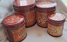 Canister Nesting advertising tin set: flour, sugar, coffee & tea. (Vintage)