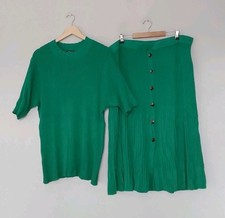 Nina Leonard 2 Piece Rib Knit Buttoned Skirt & Top Set 4XL Green New QVC 