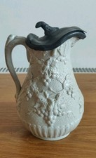 Small Antique Pewter Lidded Relief Moulded Jug Grape Vine Design