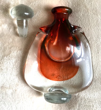 AN 8.5" TALL x 5.25" WIDE, CLEAR/RED GLASS KARLIN RUSHBROOKE SCENT BOTTLE, VGC