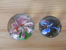 2 Vintage Art Glass Paperweights with Flying Insects
