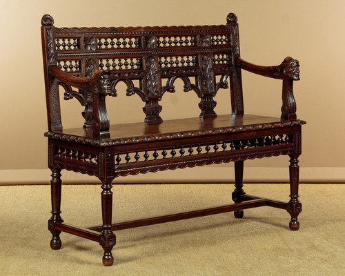 Antique carved oak hall bench - antique,