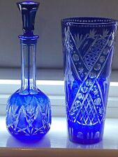 PAIR OF BOHEMIAN COBALT BLUE CUT GLASS VASE AND DECANTER