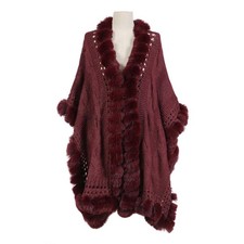Luxurious Knitted Faux Fur Trim Cape in Wine PE377