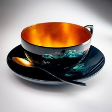 Vintage Chinese Lacquerware Cup Saucer & Spoon Gold Interior Hand Painted 1950s