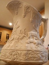 Antique S. Hughes Pitcher Jug 1835-1846 Cream relief STAG, DEER & DOGS England 