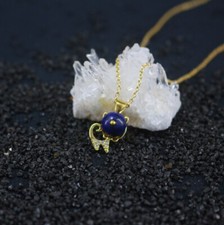 Cat Head Made of Blue Lapis Lazuli Pendant Gold Plated Silver 925 Chain