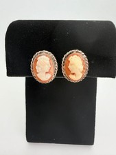 Victorian Sterling Silver & Shell Cameo Screw Back Earrings