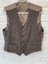 Harris Tweed Waistcoat Mens 40R Brown Herringbone Windowpane Check Vest