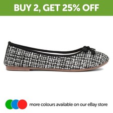 Lilley Womens Shoes Black Adults Ladies Ballerina White Bow Slip On Knitted SIZE