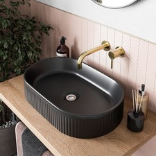 Bathroom Countertop Basin Sink Fluted Matt Black Oval Modern 573 x 358mm