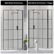 Matt Black Grid Walk In Wet Room Shower Enclosure Screen Flipper Glass Panel