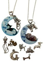 SILVER NECKLACE KITTEN CAT PUPPY DOG Moon Pendant Love Heart Charm Gift + Bag