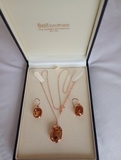 Beautiful Amber Radiant  Stone Pendant Fine 18" Safety Chain Matching Earings925