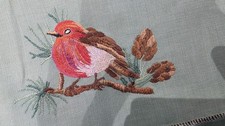Vintage Green Robin Embroidered  Traycloth Centrepiece 16x12 Inches 