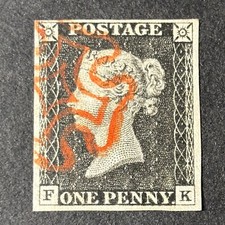 1840 SG2 GB QV Victoria 1d One Penny Black 4 Margin FK Plate 2 Lovely Red MX
