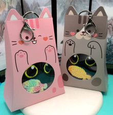 BLACK CAT CUTE FLUFFY KAWAII BOXED GIFT KEYRING BAG CHARM PERSONALISED TAG XMAS