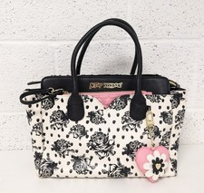 Betsey Johnson PU Faux Leather Bag Rose Floral Black White Medium