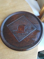 Antique / Vintage Round Wooden Serving Tray / Shop Sign With Carved  Coffee Cup