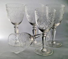 5 ANTIQUE FLORAL ETCHED LARGE CRYSTAL WINE GLASSES WATER GOBLETS 7.5"