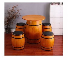 Wooden Barrel Table & 4 Stools