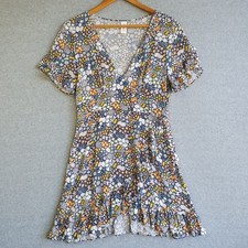 Tigerlily Dress Sz 10 Blue Colourful Floral Faux Wrap Mini Ruffle Summer Beach