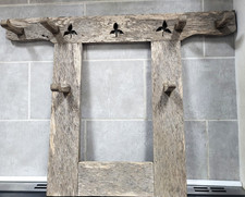 Antique Rustic Scandinavian Style Washed Out Oak Coat Hat Rack Hooks. Carved.