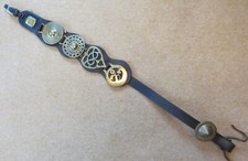 4 HORSE BRASSES ON STRAP + rectangular stud + beehive rosette harness decoration