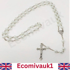 White Glass Rosary Beads with Silver Metal Crucifix Perfect Catholic Gift