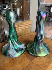 2 x Antique c1900 Rindskopf Art Nouveau Glass Vase Iridescent Twist Bohemian