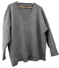 PRIMARK.  GREY KNIT V NECK SLOPPY JOE STYLE JUMPER LONGER AT BACK. SIZE L/16/18
