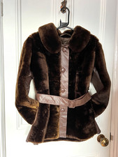 Vintage Beaver Lamb Belted Jacket M 10/12 1960s Warm Short Coat Sheepskin Brown