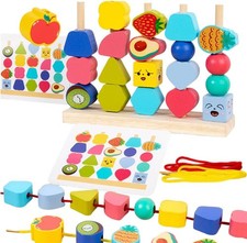Montessori Wooden Beads Sequencing Toy Set, Threading Beads Stacking Blocks Lea