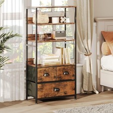 4-Tier Bookshelf with 3 Drawers Dresser Organizer AUCTION Rustic Brown 