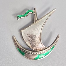 Vintage Brooch 925 Silver IVAR T HOLTH Enamelled Norwegian Viking Ship Brooch