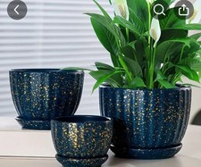 3-Piece Contemporary Ceramic Planter Set with Drainage Hole - Stripe Design