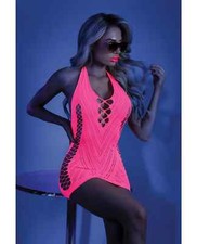 Neon Pink Glow Net Halter Dress Black Light Rave Clubwear Lingerie O/S x 2