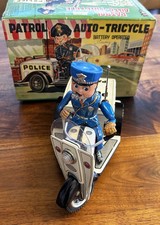 1960’s NOMURA Police Scooter Tricycle/Motorcycle  Tin Toy Bat Op Working W/ Box