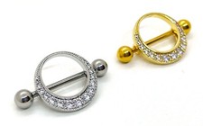 Nipple Bar Nipple Ring Barbell Crystal Gem 14K Gold  Surgical steel Crescent Gem