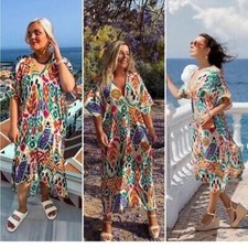 Zara Ivory Multi Midi Summer Tunic Kaftan Dress size XS S 8 10 12 Kimono Beach