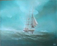 ROB HUXLEY "THREE-MASTED SAILING SHIP. ORIGINAL OIL ON CANVAS. 1980'S