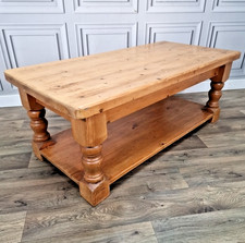 Large Vintage Solid Wooden Pine Coffee Table - Turned Farmhouse Country Chunky
