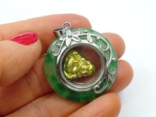 Jade Pendant 18K Gold Filled Buddha Silver tone Floral Accents Good Fortune