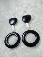 MOD Heart & Hoop 60s Earrings 70s style Black/white Bohemian Groovy Costume