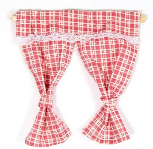 Red pink gingham curtains tied - pink,